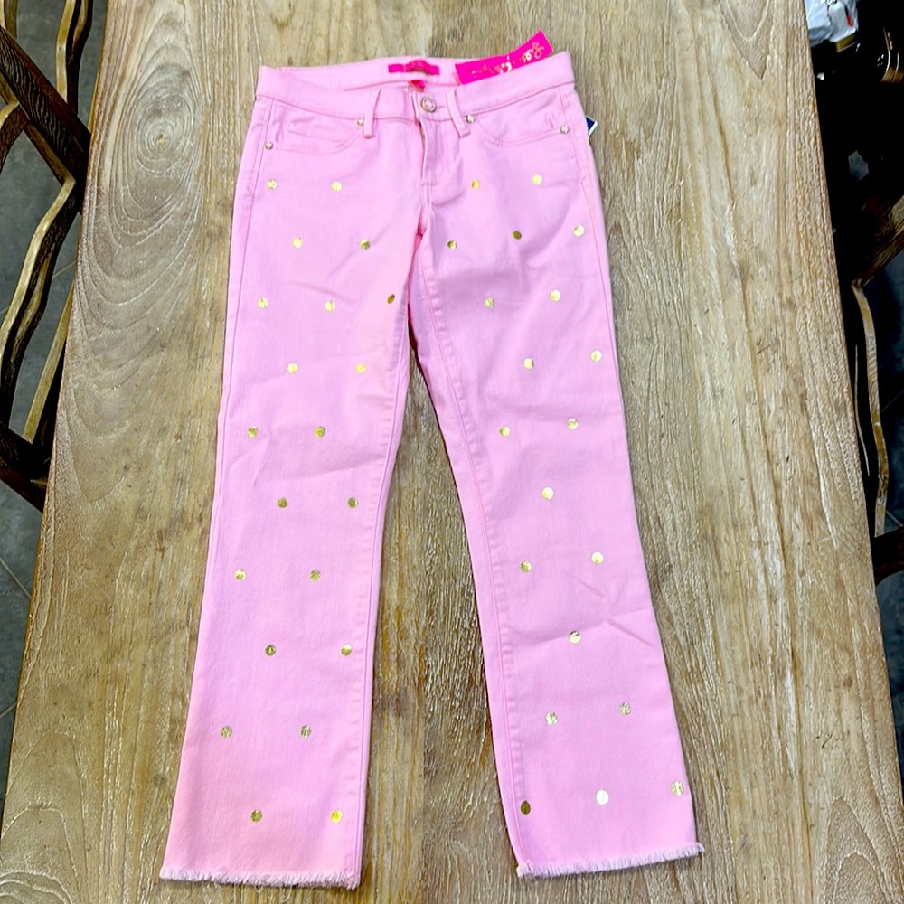 NWT Lilly Pulitzer Pink Tropics & Gold Polka Dot Jeans South Ocean Crop Flare 4